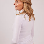 Back view of white modal polo neck top, showcasing its fitted cut and smooth finish.