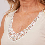 Close-up of Wool & Cotton Doubleface Tank Top in ivory, highlighting intricate macramé lace on the v-neckline.