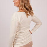 Back and side view of Wool & Cotton Doubleface Long Sleeve Top in ivory, styled for natural movement and warmth.