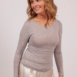 Modal Cashmere Long Sleeve Top in grey, shown on model standing front on, highlighting the lightweight, body-hugging design.