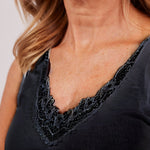 The baseLINE EGI TBL633 cotton lace tank top singlet top with guipure lace in black close up