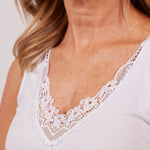 The EGI baseLINE TBL633 cotton guipure lace sleeveless singlet tank top white lace detail close up