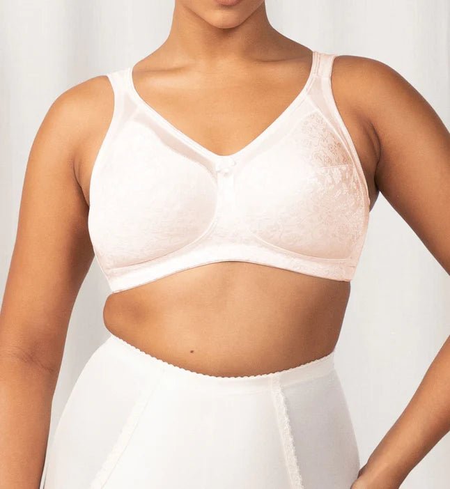Front view of Triumph Endless Comfort Wirefree Bra in Fresh Powder with soft full cups and wide straps—available now at The Foundation.