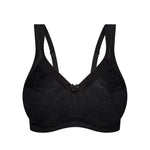Flat lay of Triumph’s Black Endless Comfort Wirefree Bra showing soft contour and floral embroidery—exclusive to The Foundation.