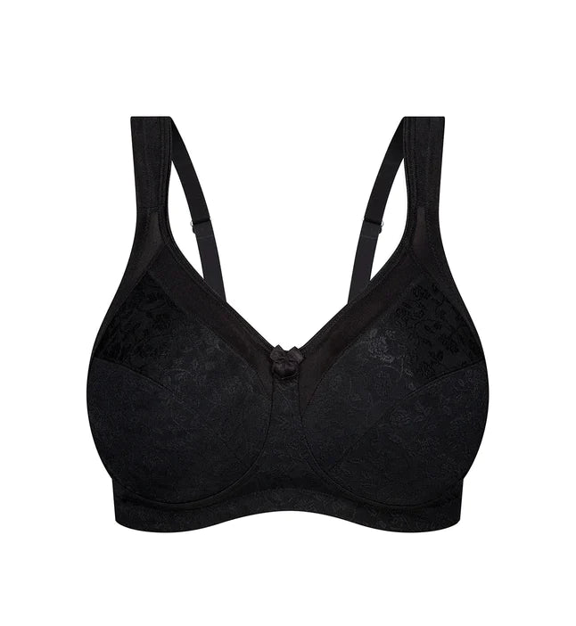 Flat lay of Triumph’s Black Endless Comfort Wirefree Bra showing soft contour and floral embroidery—exclusive to The Foundation.