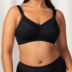 Front view of The Foundation’s Lace Maternity Bra in black, featuring soft cotton-lined cups and wide supportive straps.