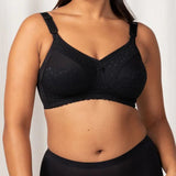 Front view of The Foundation’s Lace Maternity Bra in black, featuring soft cotton-lined cups and wide supportive straps.