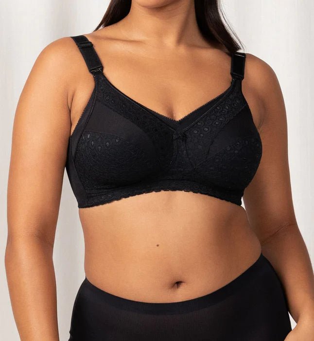 Front view of The Foundation’s Lace Maternity Bra in black, featuring soft cotton-lined cups and wide supportive straps.