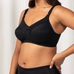 Side angle of The Foundation’s black Lace Maternity Bra showing drop-down nursing cup design for easy feeding access.