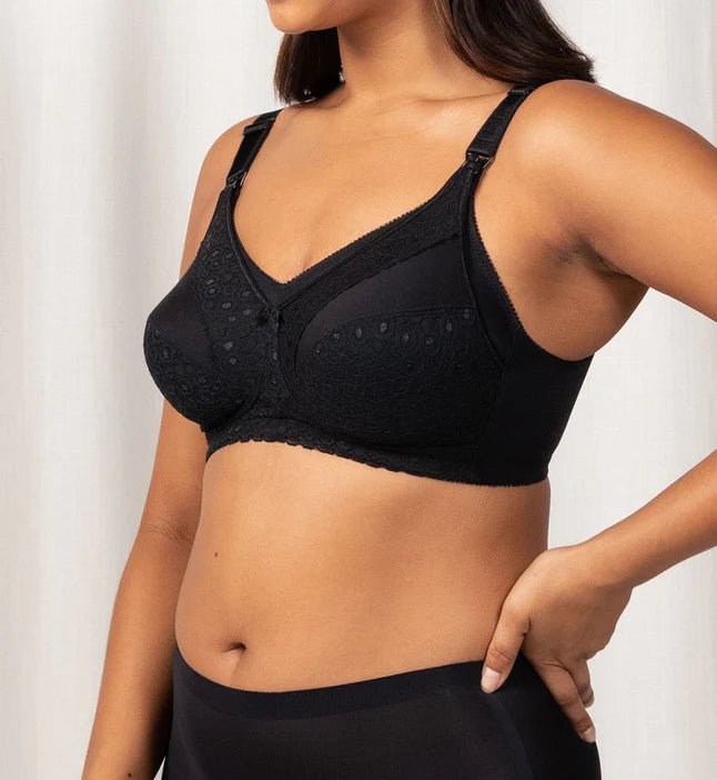 Side angle of The Foundation’s black Lace Maternity Bra showing drop-down nursing cup design for easy feeding access.