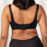 Back view of The Foundation’s Lace Maternity Bra in black with wide straps and multi-hook closure for support.