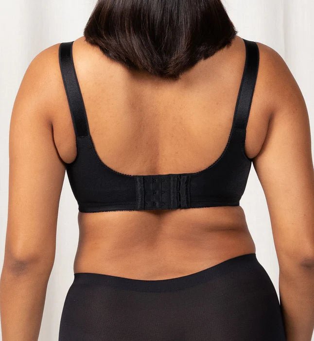 Back view of The Foundation’s Lace Maternity Bra in black with wide straps and multi-hook closure for support.