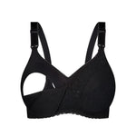 Flat lay of The Foundation’s black Lace Maternity Bra showing its lace detailing and cotton-lined cup design.