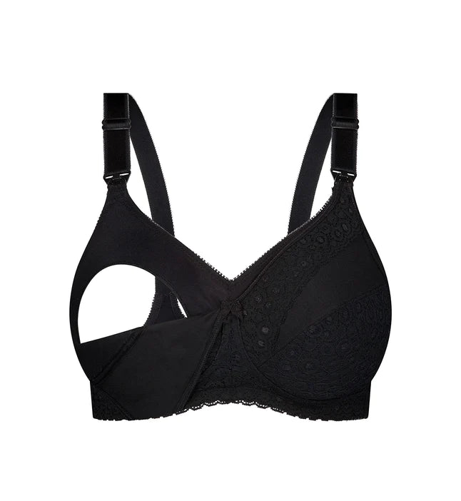 Flat lay of The Foundation’s black Lace Maternity Bra showing its lace detailing and cotton-lined cup design.
