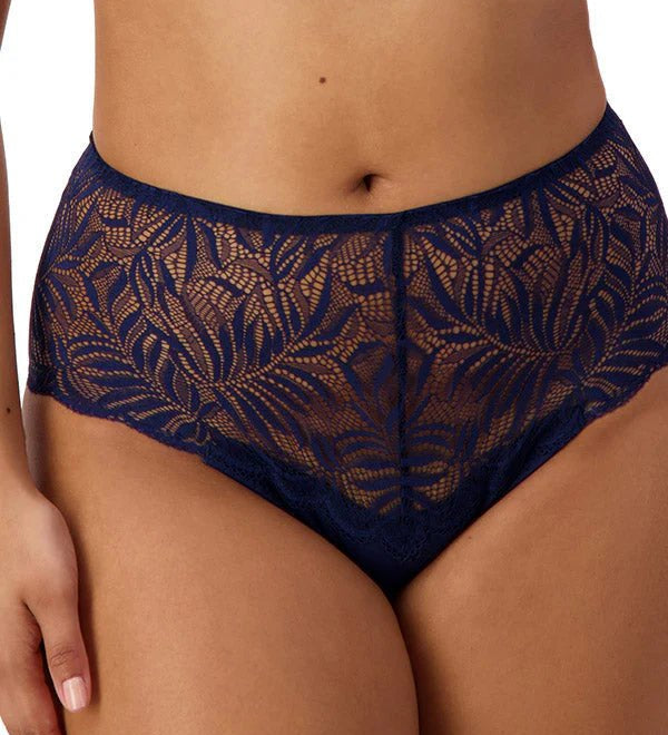 Front view of Triumph Essential Lace Maxi Brief Navy on model showing full coverage fit and sheer navy lace detailing.