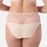 Back view of Triumph Essential Lace Maxi Brief Nude Pink on model featuring cotton gusset and soft lace wrap.