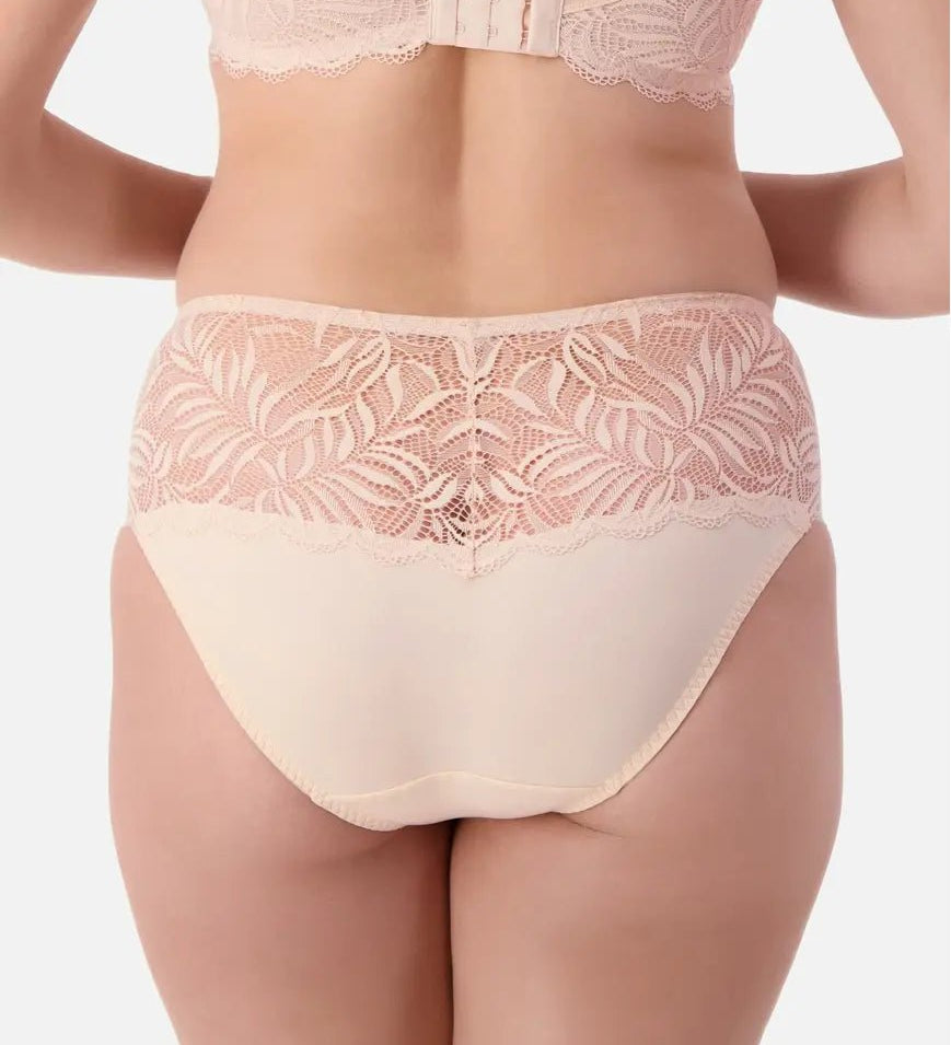 Back view of Triumph Essential Lace Maxi Brief Nude Pink on model featuring cotton gusset and soft lace wrap.
