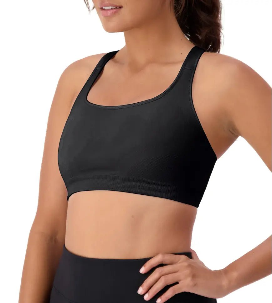 Triumph Triaction Ultra Seamfree Crop Top Black, angled view, seamless athletic bra with moisture-management, designed for all bust sizes.