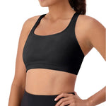 Triumph Triaction Ultra Seamfree Crop Top Black, angled view, seamless athletic bra with moisture-management, designed for all bust sizes.