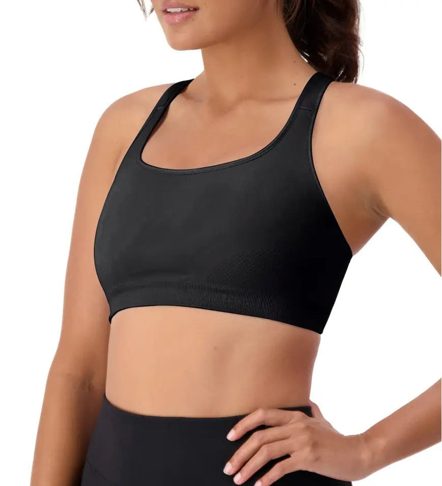 Triumph Triaction Ultra Seamfree Crop Top Black, angled view, seamless athletic bra with moisture-management, designed for all bust sizes.