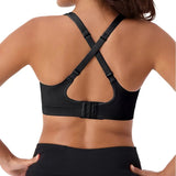 Triumph Triaction Ultra Seamfree Top Black, back view, cross-back straps, breathable and supportive sports bra for women, Triaction by Triumph.