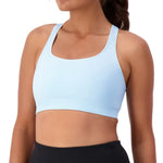 Triumph Triaction Ultra Seamfree Crop Top Sky Blue, angled front, breathable double-layer sports bra, moisture-management, fitness wear for all bust sizes.