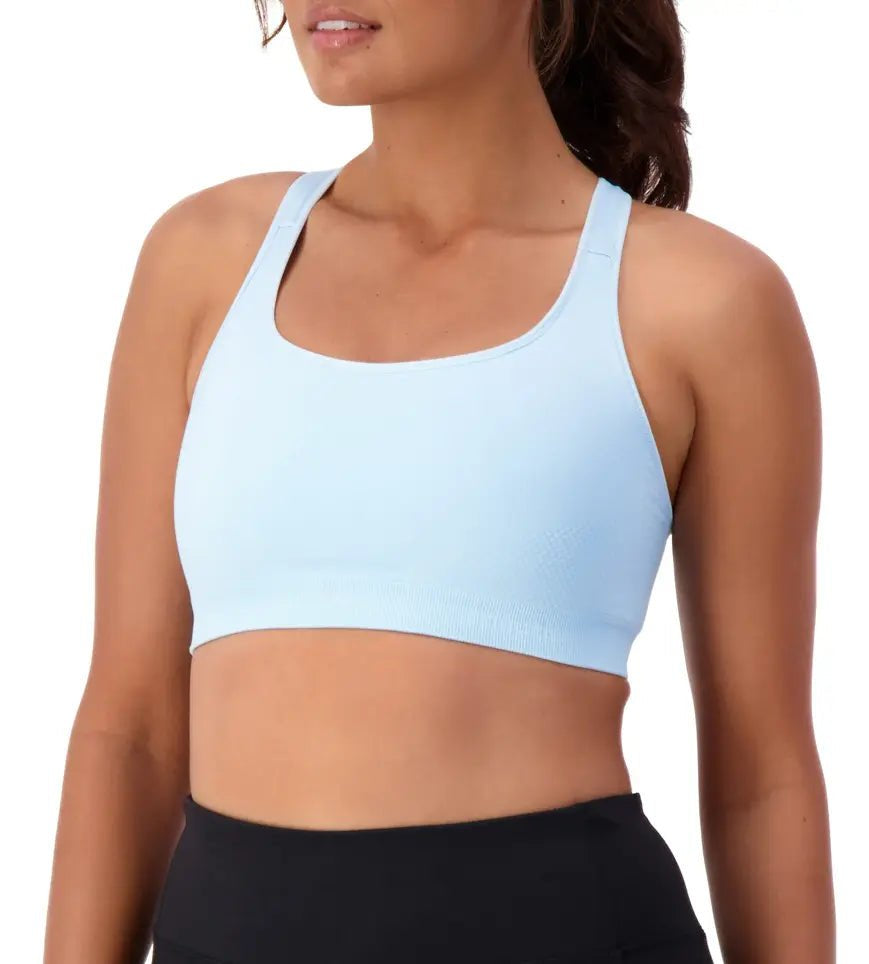 Triumph Triaction Ultra Seamfree Crop Top Sky Blue, angled front, breathable double-layer sports bra, moisture-management, fitness wear for all bust sizes.
