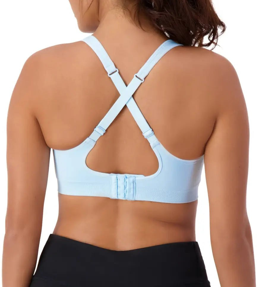 Triumph Triaction Ultra Seamfree Top Sky Blue, back view, cross-back straps, seamless sports bra for women, Triumph Triaction range, activewear.