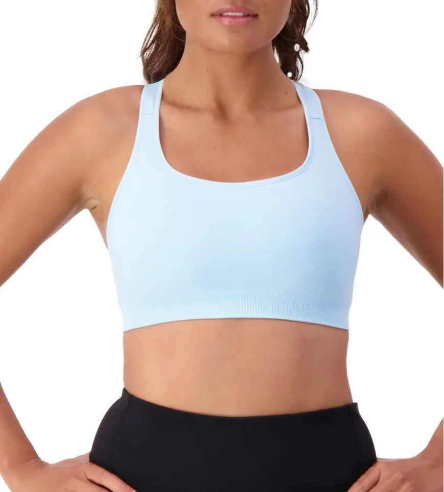 Triumph Triaction Ultra Seamfree Top Sky Blue, front view, moisture-wicking sports crop, seamless athletic bra for women, supportive workout top.