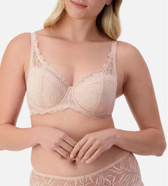 Front view of Triumph Essential Lace Balconette Bra WHP Nude Pink on model showing supportive lace cups and elegant straps.