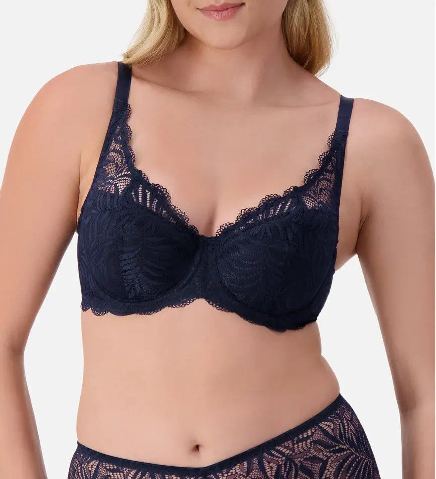 Front view of Triumph Essential Lace Balconette Bra WHP Navy Blue on model featuring wide lace straps and supportive underwire fit.