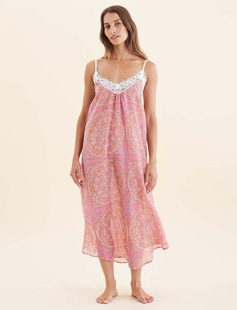 Ines Silk/Cotton Lace Front Maxi Nightie French Rose