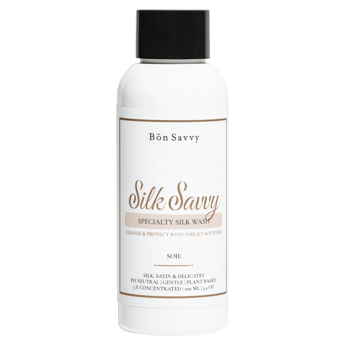 100ml bottle of Bon Savvy Silk Savvy Laundry Liquid featuring minimalist label design, ideal for delicate fabrics and travel use.