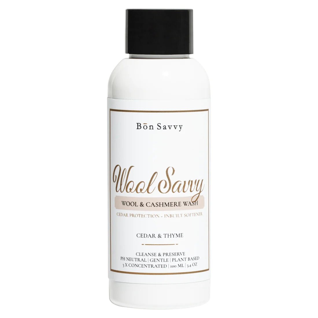 100ml bottle of Bon Savvy Wool & Cashmere Laundry Liquid with black cap, designed for delicate wool, cashmere, and knitwear care.
