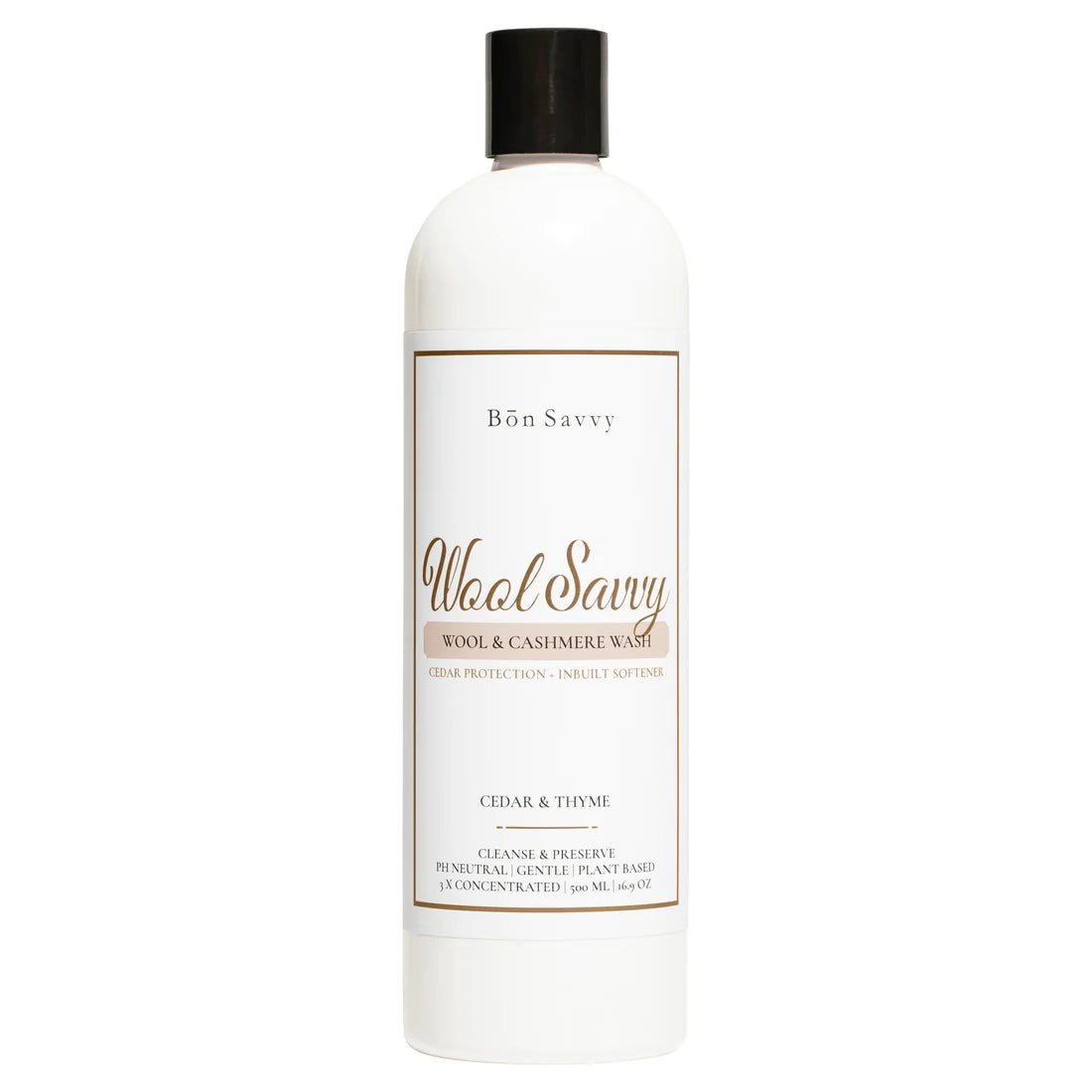Bon Savvy Wool & Cashmere Savvy Laundry Liquid 500ml bottle with elegant label, designed for delicate wool and cashmere garments.
