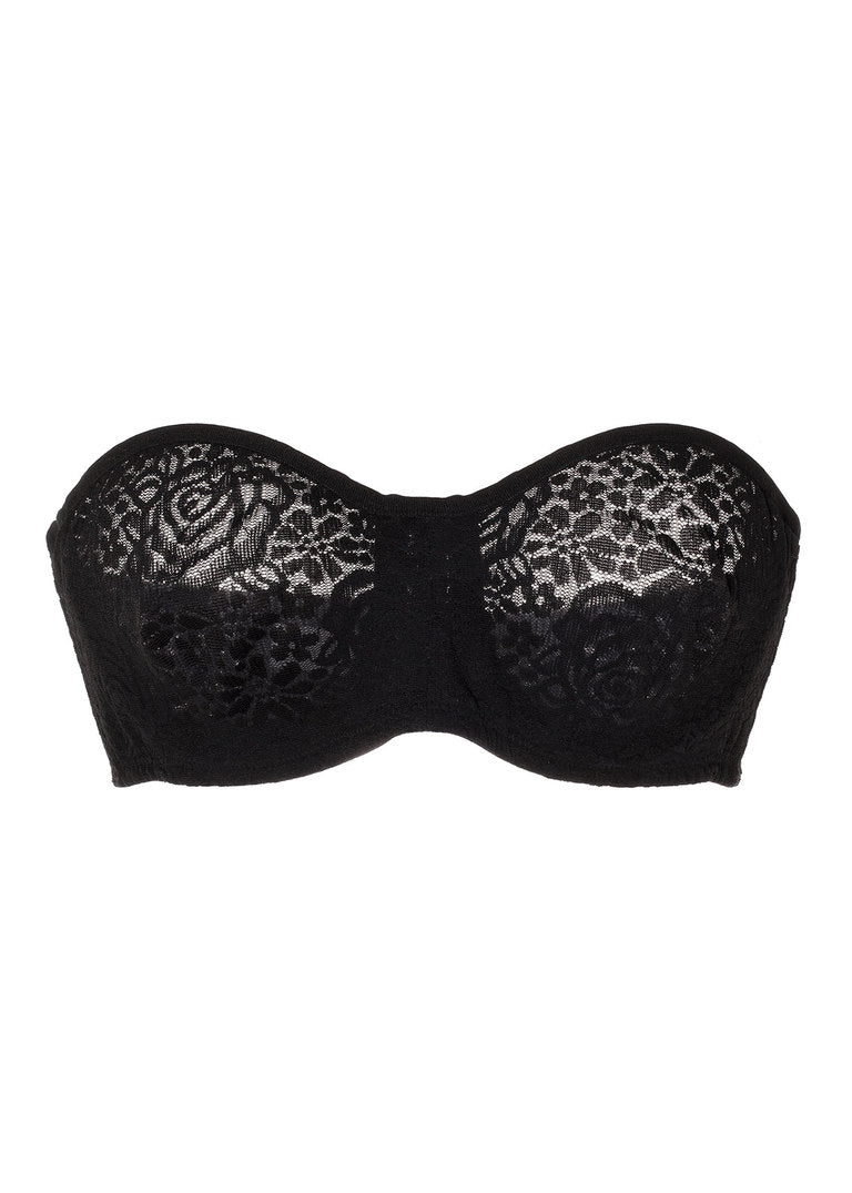 Flat lay of Halo Lace Strapless Bra Black, showing bandeau shape and lace pattern