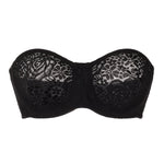 Flat lay of Halo Lace Strapless Bra Black, showing bandeau shape and lace pattern