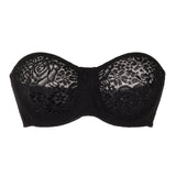 Flat lay of Halo Lace Strapless Bra Black, showing bandeau shape and lace pattern