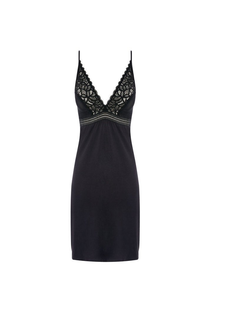Flat lay of Wacoal Raffine Chemise Black laid flat with delicate scalloped lace and smooth, breathable fabric.