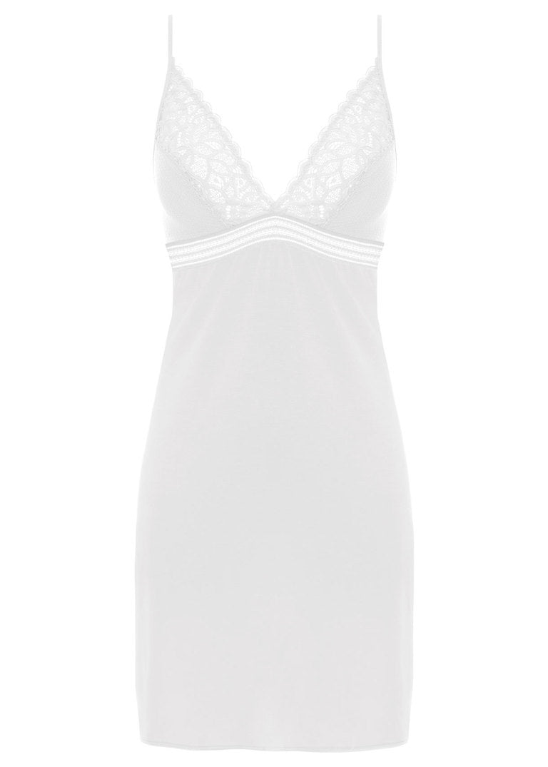 Raffine Chemise White laid flat featuring luxurious stretch lace and eco-friendly micro modal fabric.