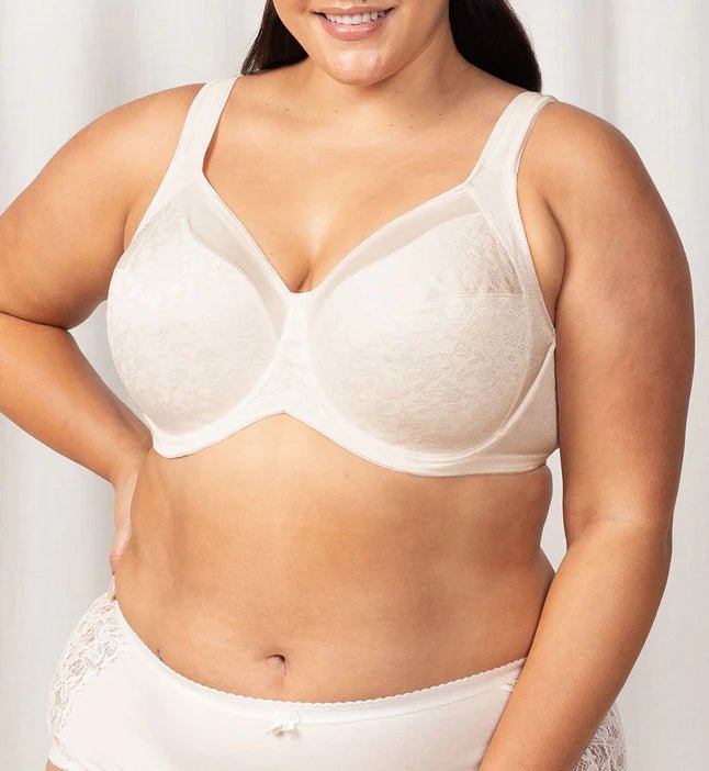 Front view of Triumph Endless Comfort Underwire Bra in Fresh Powder, featuring floral embroidery and wide padded straps—available at The Foundation.