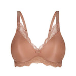 Flat lay of The Foundation’s Amourette Charm Non Wire Moulded Bra in Rust, highlighting padded cups and lace finish.