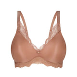Flat lay of The Foundation’s Amourette Charm Non Wire Moulded Bra in Rust, highlighting padded cups and lace finish.