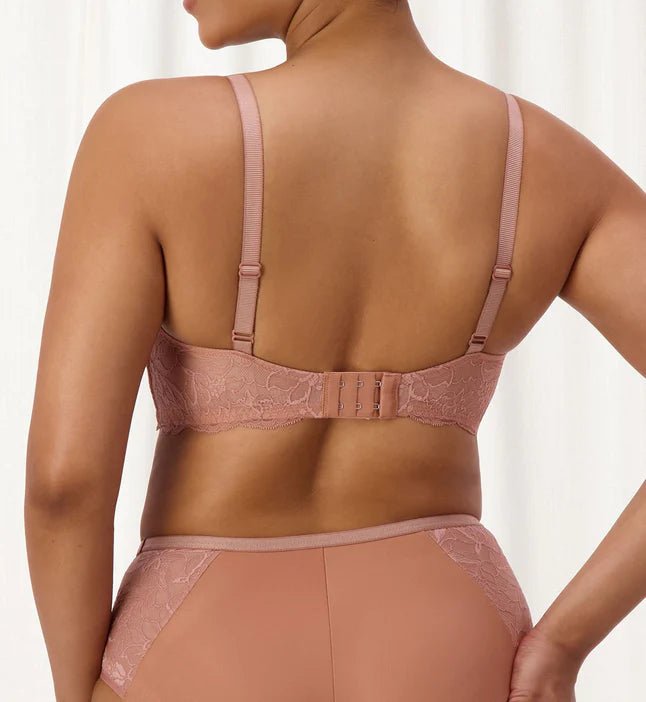 Back view of The Foundation’s Amourette Charm Non Wire Bra in Rust, showing soft lace band and tagless comfort finish.