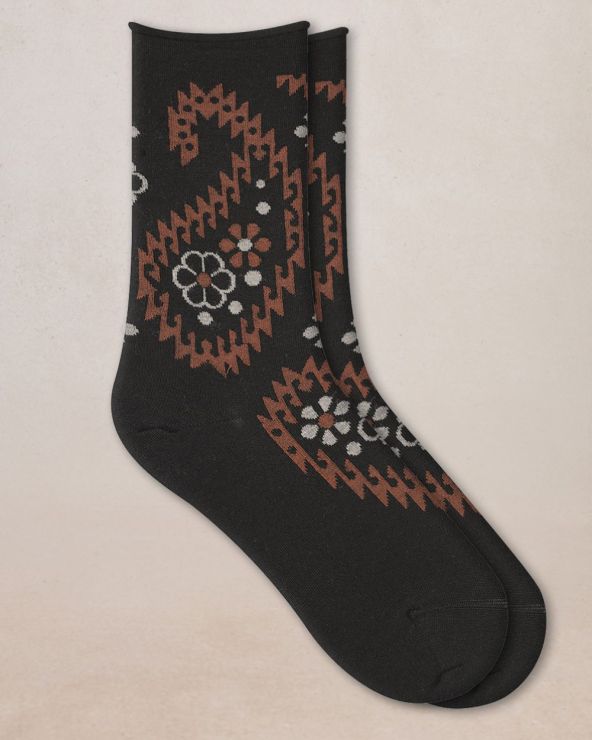 Wool Cotton Paisley Flower Socks Black
