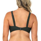 Back view of model in Baku Rococco EFG Cup Bra Olive, showing adjustable wide straps, clip back closure, and comfortable fit.