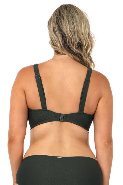 Back view of model in Baku Rococco EFG Cup Bra Olive, showing adjustable wide straps, clip back closure, and comfortable fit.