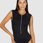 Women in black one piece zip front swimsuit with cap sleeves