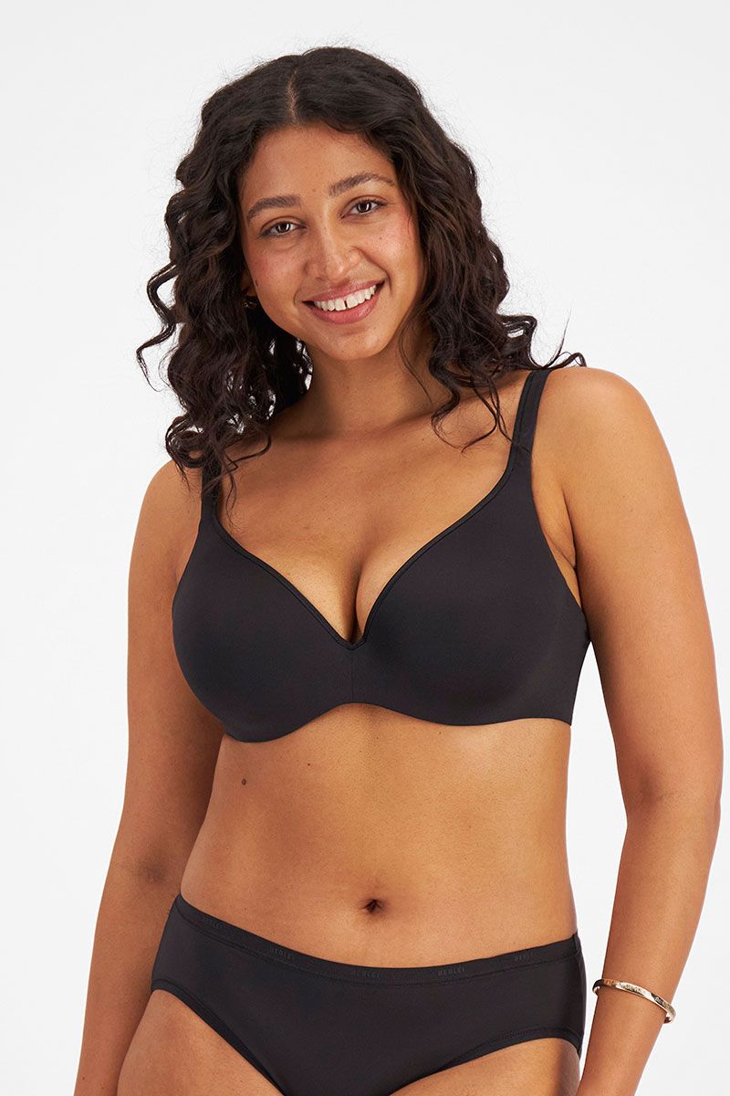 Berlei Barely There Contour Bra in Black, classic t-shirt bra with seamless contoured cups, worn by model, available at The Foundation.