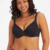 Berlei Barely There Contour Bra in Black, classic t-shirt bra with seamless contoured cups, worn by model, available at The Foundation.